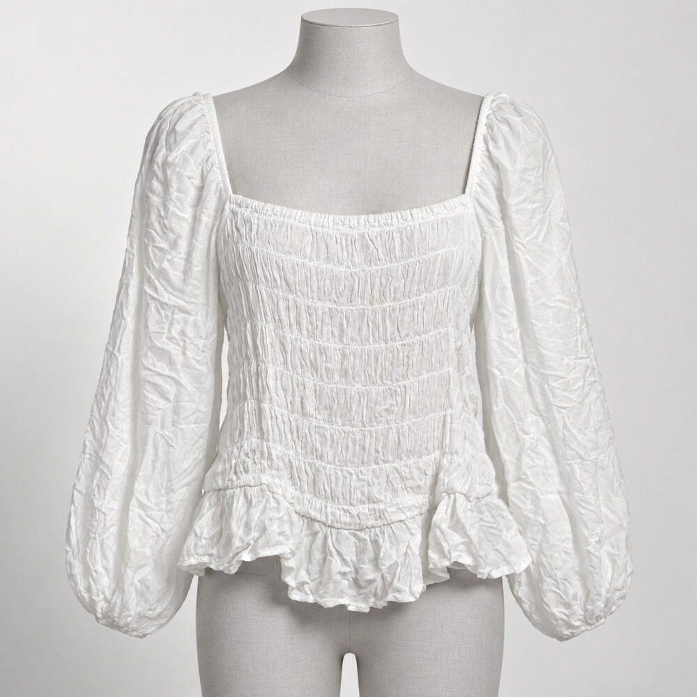 The Drop 3X White Long Sleeve Blouse Smocked Ruffle Hem